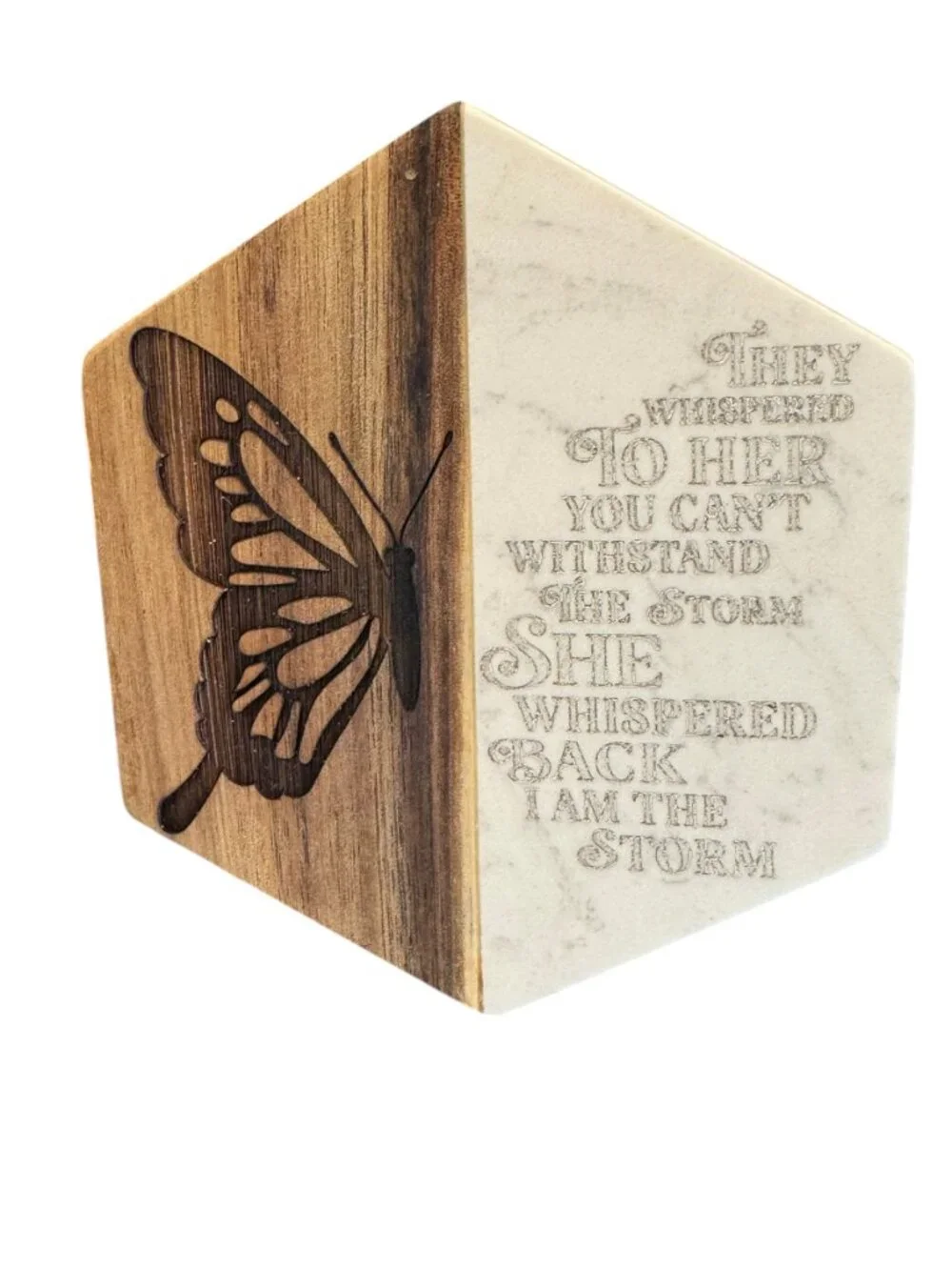 Inspirational Marble and Wood Hexagon Coaster with Butterfly Engraving